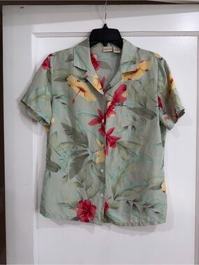 Linden Light Sage 100% Silk Shirt with Red & Yellow Floral Accents